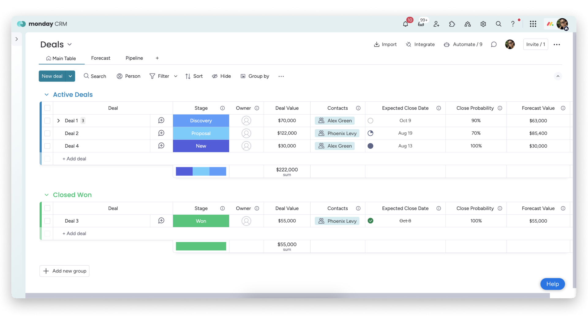 monday crm's deal pipeline to store the clients' progress